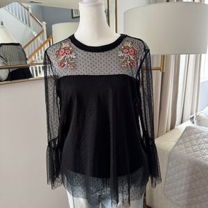 Xhilaration Black Polka Dot Mesh Floral Embroidered Blouse Size Medium
